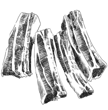  detailed black and white illustration depicts short ribs, a flavorful cut of meat ideal for showcasing on a menu or butcher shop display. The image utilizes cross-hatching to create depth and texture, highlighting the bone and marbling within the meat