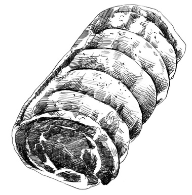 This detailed black and white illustration showcases a rolled rib roast meat cut, ideal for showcasing on a menu or butcher shop display. The image utilizes cross-hatching techniques to create depth and texture, highlighting the marbling throughout the me