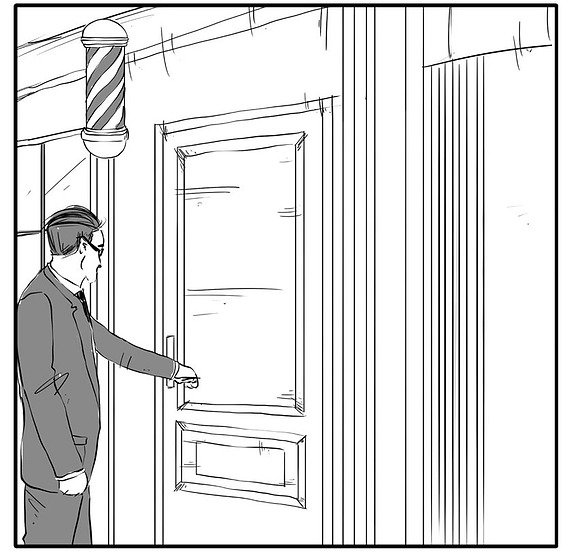 Panel 2: White Male in Suit Entering Ben Sherman Barbershop
This illustration shows a white male in a suit entering the Ben Sherman Barbershop, highlighting the shop's appeal to professional clientele.
