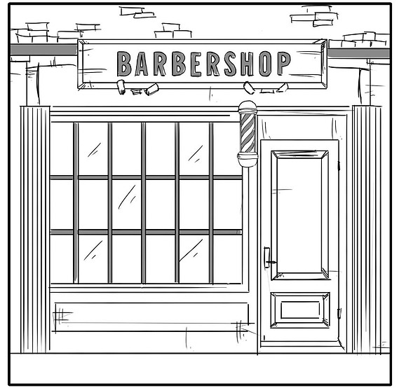 Panel 1: Exterior of Ben Sherman Barbershop
This illustration depicts the exterior of the Ben Sherman Barbershop, capturing its inviting facade and stylish design.