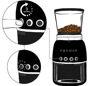 Illustration showing three stages of the next Podmkr instruction step: pressing and holding the button for 3 seconds to program it. This image demonstrates the straightforward programming process for optimal functionality