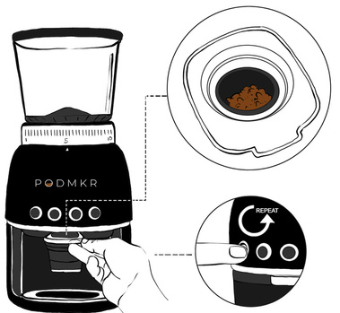 Three-step illustration showing how to program the Podmkr to grind coffee beans, ending with the desired consistency of the grounds. This image highlights the easy programming process and the quality of the coffee grind.