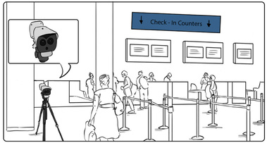 Illustration of passengers being monitored by airport security cameras. This image underscores the importance of surveillance in ensuring passenger safety and security within the airport premises.