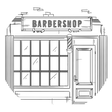 Black and white illustration for Ben Sherman storyboard, depicting their barbershop initiative. This fashion illustration enhances case studies in advertising and marketing, showcasing the brand’s creative community engagement efforts.