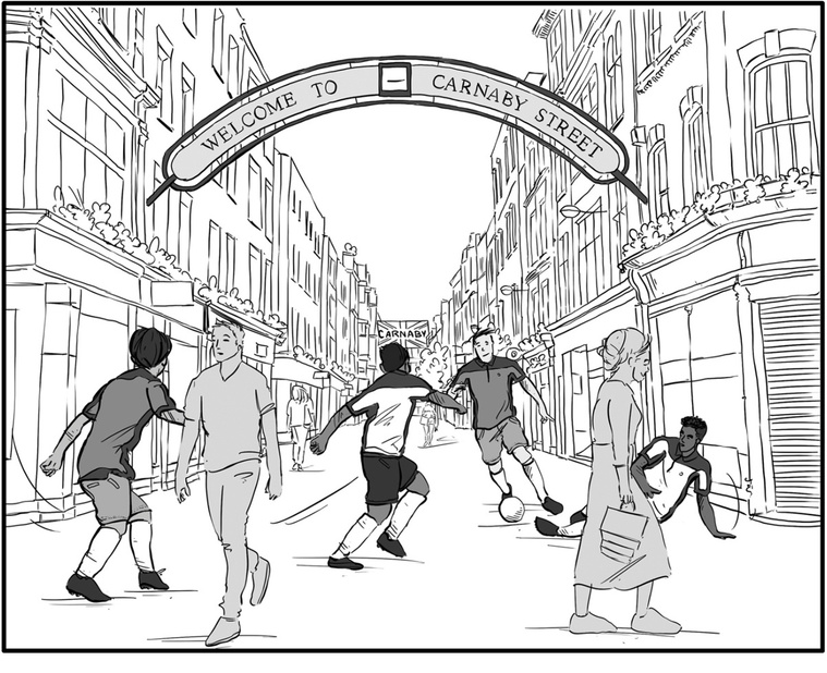 Black and white fashion illustration showcasing Ben Sherman's new men's line in a vibrant London streetscape. This stylish image is perfect for advertising initiatives, capturing the brand's British heritage and modern appeal.