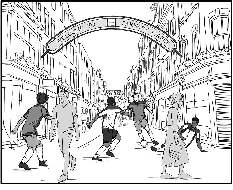 Black and white fashion illustration showcasing Ben Sherman's new men's line in a vibrant London streetscape. This stylish image is perfect for advertising initiatives, capturing the brand's British heritage and modern appeal.