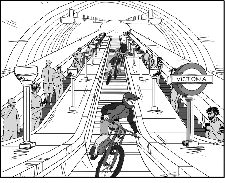A black and white sketch for a storyboard, showcasing BMX bikers riding through London's iconic Victoria Station. This dynamic image is perfect for advertising Ben Sherman's latest clothing line, capturing the brand's youthful and energetic spirit.