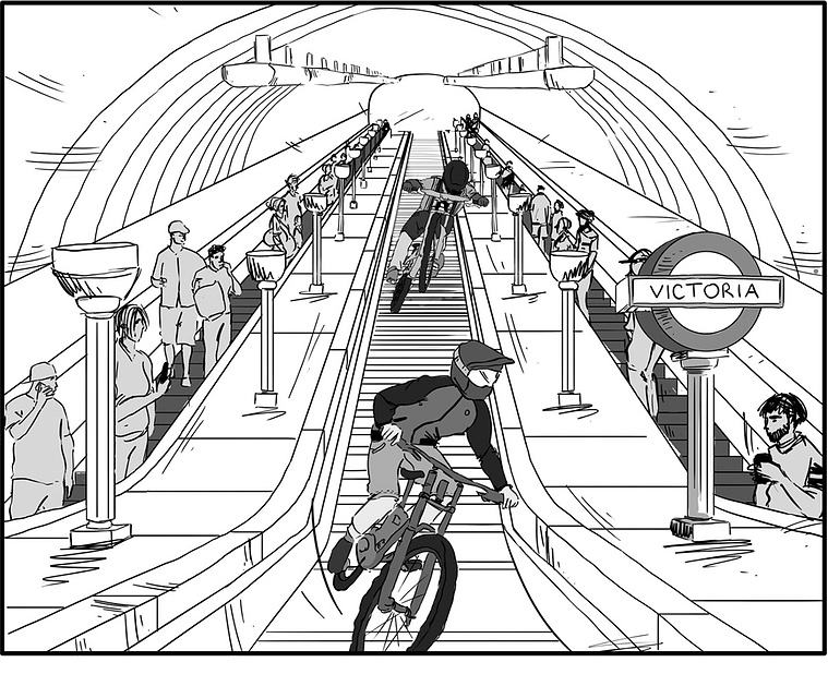 A black and white sketch for a storyboard, showcasing BMX bikers riding through London's iconic Victoria Station. This dynamic image is perfect for advertising Ben Sherman's latest clothing line, capturing the brand's youthful and energetic spirit.