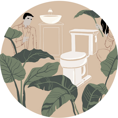 The Hideout advertising case study link: nature-inspired artwork with a man and woman in a neutral-colored restroom, blending organic design with modern marketing.