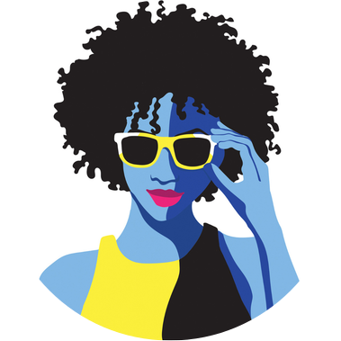 Stylish color illustration of a Black woman with an afro and sunglasses in blue tones, linking to the advertising and marketing case studies page.