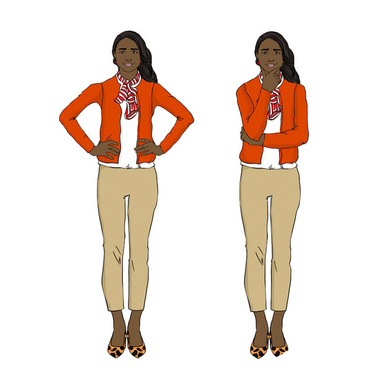 Character illustration of an Indian woman in an orange business casual sweater and scarf, wearing cakies and flats, created for internal training manuals for Addiev, enhancing visual representation in training materials.