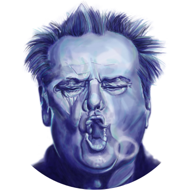 Blue monochromatic portrait of Jack Nicholson blowing a smoke ring, showcasing single-color realism illustration technique. This artwork is featured in the Entertainment, Media, and Comics case studies, highlighting distinctive artistic styles.