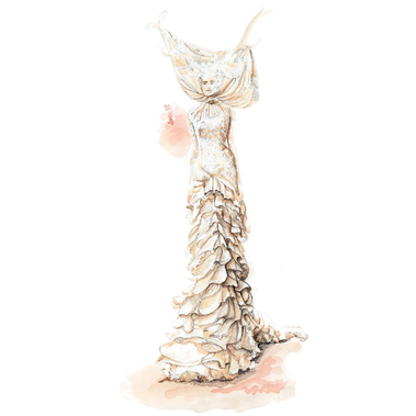 Mixed media fashion illustration of a woman on a runway, wearing a flowing, layered dress and antlers. This artwork highlights innovative design for the fashion case studies page, showcasing creative runway styles.
