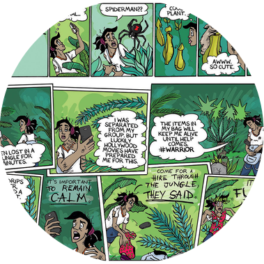 Globetrotter comic illustration featuring Chloe lost in a Thai jungle, vlogging about her adventure. This green-themed artwork is part of the Entertainment, Media, and Comics case studies page, showcasing engaging storytelling through comics.