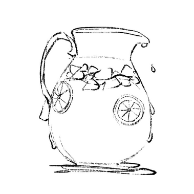 Black and white sketch of a lemonade pitcher filled with ice cubes and lemons, created for Wunder Nook. This kids' illustration links to advertising and marketing case studies, enhancing visual storytelling.