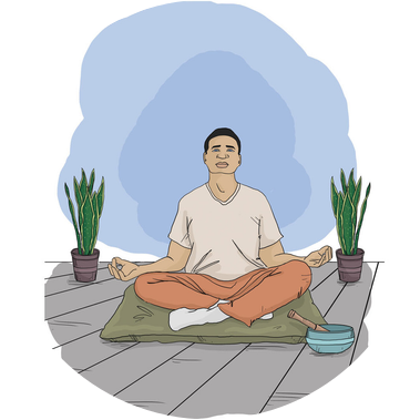 
Illustration of a man in a meditative pose on a wooden floor, surrounded by snake plants. This artwork highlights mindfulness living for health and wellness case studies, promoting tranquility and mental well-being.