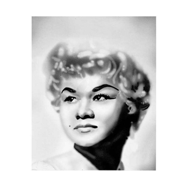 A striking black and white portrait illustration of Etta James, capturing her soulful expression and timeless elegance. This realistic, lifelike image is perfect for editorial, fashion, and advertising purposes, celebrating the iconic female singer.