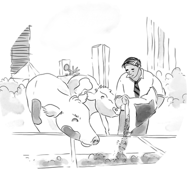 Black and white wash illustration of a businessman feeding cows in the foreground, with a city skyline outline in the background. This artwork is created for publishing purposes, featured under the Entertainment, Media, and Comics case studies.