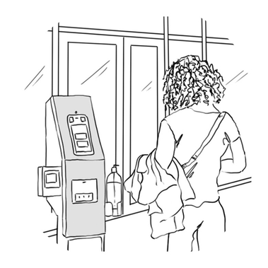 Turing illustration for a storyboard panel, depicting a woman approaching a technology booth at the airport, preparing to scan her documents, showcasing innovative tech solutions for travelers.