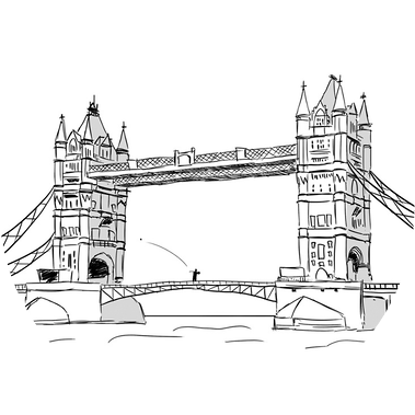 Black and white ink illustration of Tower Bridge in London, UK, created as a storyboard panel for Ben Sherman’s advertising campaign, showcasing the brand's connection to iconic fashion locations.