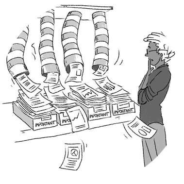 Black and white doodle sketch of a person overwhelmed by papers emerging from four tubes, creating to-do piles, designed as editorial illustrations for a book in the entertainment, media, and comics case studies.
