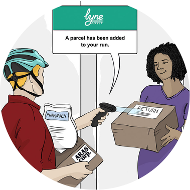 Full-color illustration for Shipit storyboard, featuring a man in a bike helmet delivering a package to a Black woman at home, scanning the package for return on the spot, showcasing efficient delivery services.