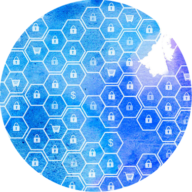 Mixed media illustration for GoDaddy, featuring a blue watercolor background with digital honeycomb locks overlay. This artwork links to the online security and tech and AI case studies page, enhancing cybersecurity themes.