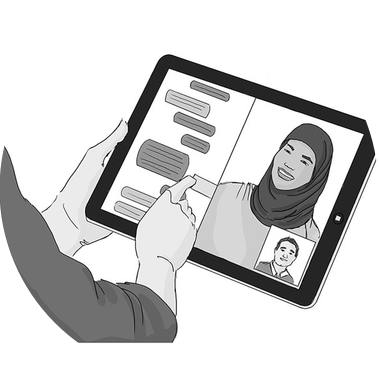 Black and white illustration for Liberty Mutual, depicting a woman in a hijab navigating their website on a tablet. This artwork enhances the tech and AI case studies page with a diverse representation.