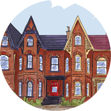 Full-color editorial illustration of historical homes in Toronto, created for the Toronto Star's heritage feature. This fresh and loose artwork is nested under the Entertainment, Media, and Comics case studies section, showcasing cultural significance.