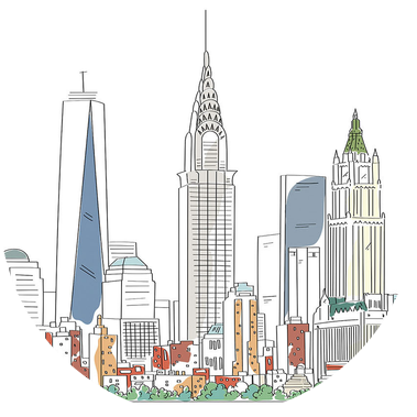 Edelman advertising case study: vector illustration of NYC skyline, featuring minimalist lines and color, showcasing urban elegance and brand sophistication.