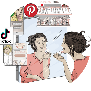 Church & Dwight case study: custom omnichannel illustration of a woman applying Flawless makeup, with omnichannel marketing elements surrounding the mirror, highlighting brand engagement and consumer interaction.
