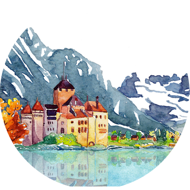 Nuclear + Forvest Bank advertising illustration: watercolor scene of a Swiss castle with Alps in the background and reflective water, highlighting Swiss heritage and scenic beauty.