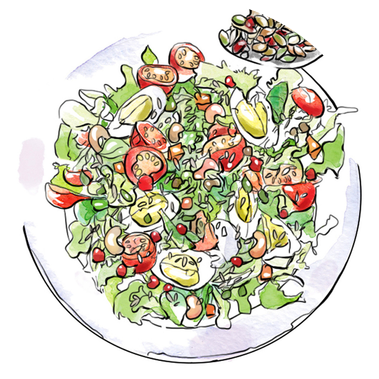 Watercolor and ink illustration for NaturSource, depicting a vibrant salad in a bowl with red and green leafy greens and assorted toppers. This health and wellness illustration links to case studies, promoting nutritious eating.