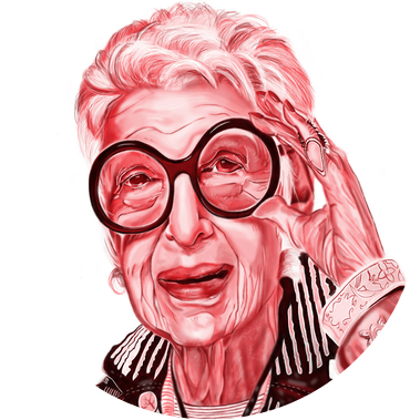 Single-color realism portrait illustration in red of Iris Apfel, the fashion goddess, featuring her short hair and circular glasses. This artwork showcases fashion illustration techniques for case studies, highlighting iconic style.