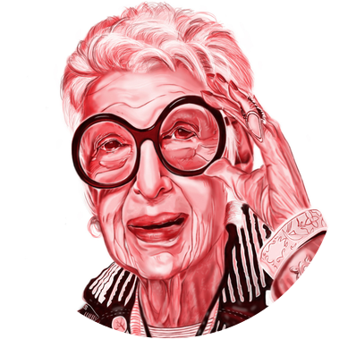 Single-color realism portrait illustration in red of Iris Apfel, the fashion goddess, featuring her short hair and circular glasses. This artwork showcases fashion illustration techniques for case studies, highlighting iconic style.