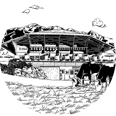 Le Chalet Switzerland restaurant case study: black-and-white lino-cut illustration of chalet with mountains and cows in foreground, capturing rustic charm and brand identity.