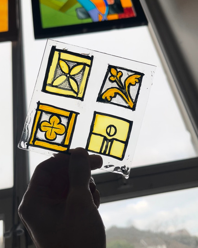 yellow seed kin Mayan calendar & copy of plate LXXXIII a, d, h reductions of Quarries scattered in various windows at Lincoln Cathedral | silver stain, glass paint, gum, sandblasted palette, water, brush, float glass, kiln | 08.02.2023 | doryeek