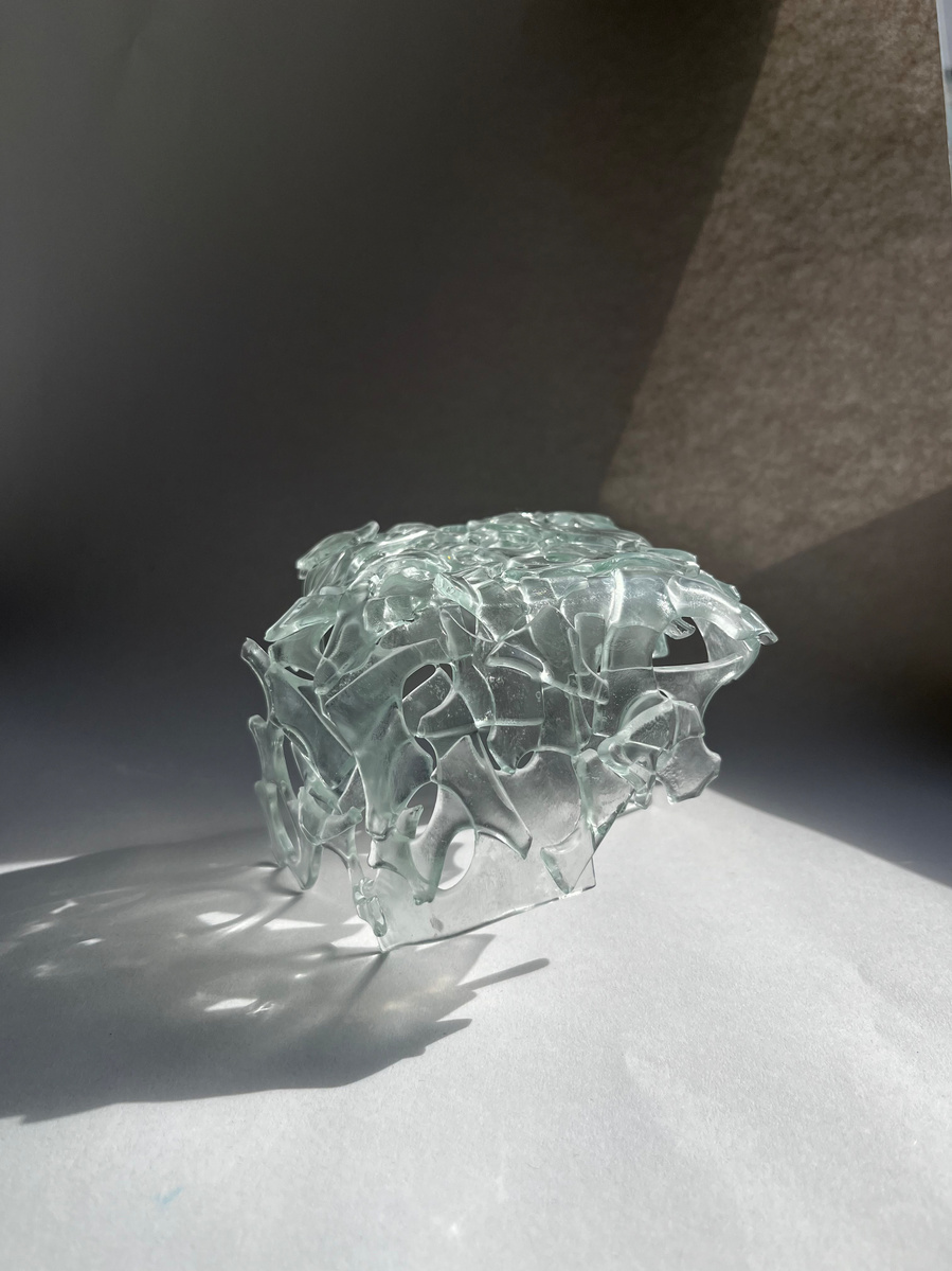 12.2 | 3mm float glass, kiln, plaster, mould, pen, pencil, marker, tracing paper | 06.02.2023 - tbc. | glass art work, constructivism, glass artist based in uk, from hong kong, new materialism, vitality, destruct and reconstruct, entropy