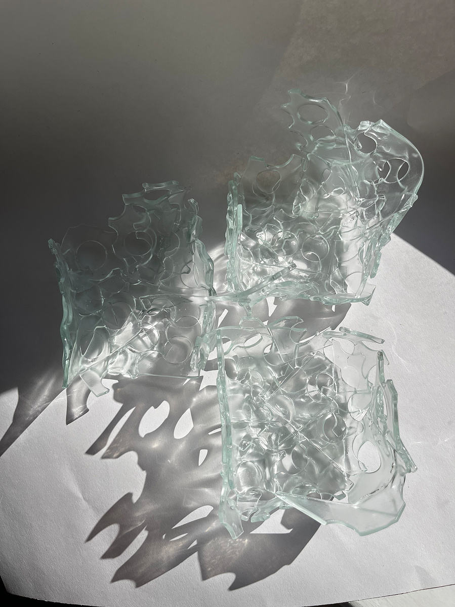12.2 | 3mm float glass, kiln, plaster, mould, pen, pencil, marker, tracing paper | 06.02.2023 - tbc. | glass art work, constructivism, glass artist based in uk, from hong kong, new materialism, vitality, destruct and reconstruct, entropy