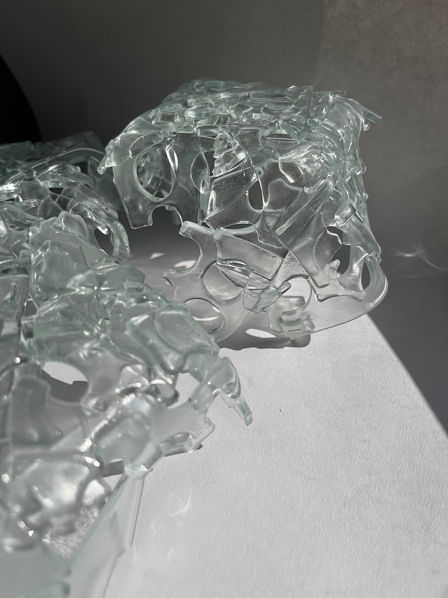 12.2 | 3mm float glass, kiln, plaster, mould, pen, pencil, marker, tracing paper | 06.02.2023 - tbc. | glass art work, constructivism, glass artist based in uk, from hong kong, new materialism, vitality, destruct and reconstruct, entropy