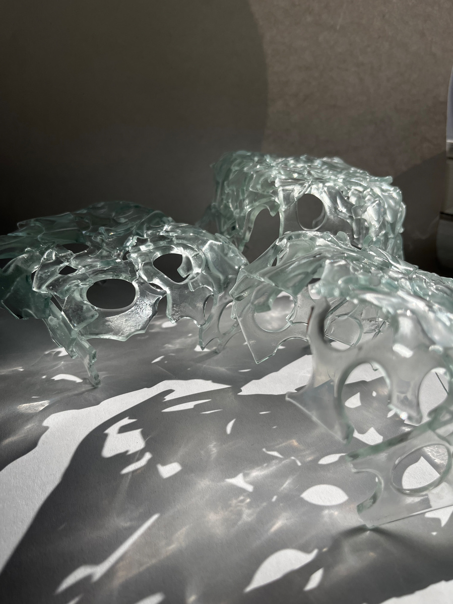 12.2 | 3mm float glass, kiln, plaster, mould, pen, pencil, marker, tracing paper | 06.02.2023 - tbc. | glass art work, constructivism, glass artist based in uk, from hong kong, new materialism, vitality, destruct and reconstruct, entropy