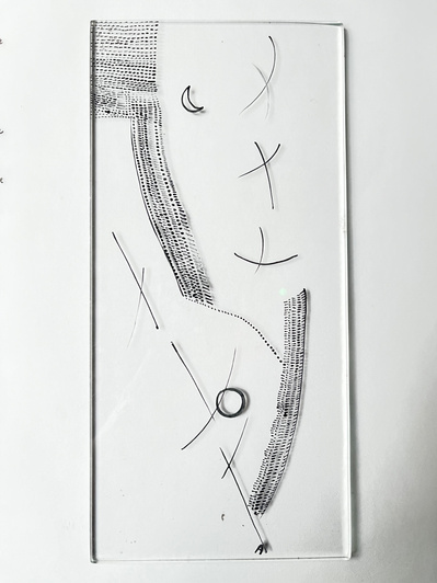 2 glass 2 | glass pigment, clove oil, float glass, nib pen | 25.02.2023 | doryeek