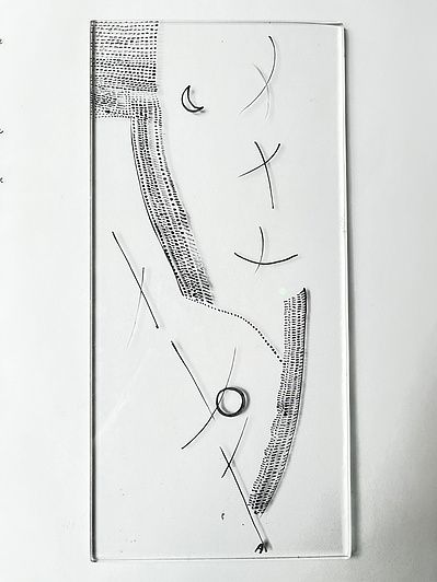 2 glass 2 | glass pigment, clove oil, float glass, nib pen | 25.02.2023 | doryeek