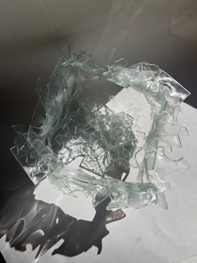 7.2 | 3mm float glass, bulleyes paper, plaster, block, drilling machine, grinder, kiln, hammer, tracing paper, pencil, pen | glass craft sculpture | kiln forming glass | slumping glass | constructivism | Feb 2023