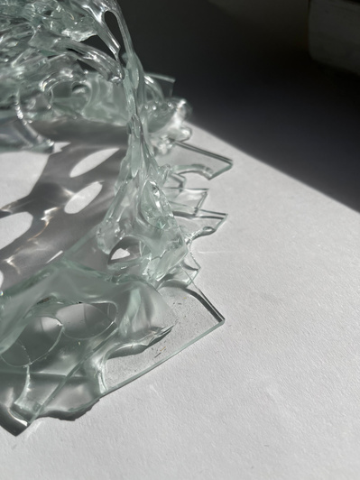 7.2 | 3mm float glass, bulleyes paper, plaster, block, drilling machine, grinder, kiln, hammer, tracing paper, pencil, pen | glass craft sculpture | kiln forming glass | slumping glass | constructivism | Feb 2023
