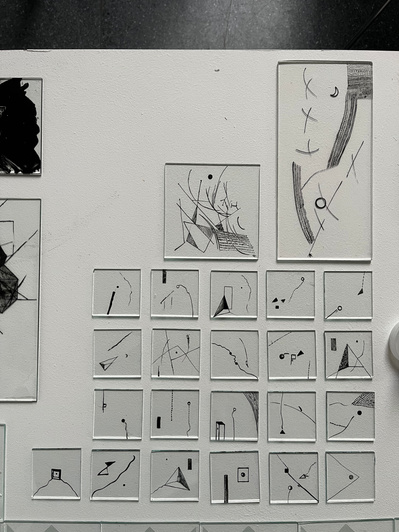 2 rearranged, fired | glass painting, clove oil, nib pen, float glass | doryeek