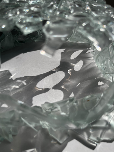 7.2 | 3mm float glass, bulleyes paper, plaster, block, drilling machine, grinder, kiln, hammer, tracing paper, pencil, pen | glass craft sculpture | kiln forming glass | slumping glass | constructivism | Feb 2023