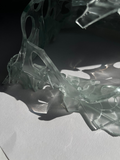 7.2 | 3mm float glass, bulleyes paper, plaster, block, drilling machine, grinder, kiln, hammer, tracing paper, pencil, pen | glass craft sculpture | kiln forming glass | slumping glass | constructivism | Feb 2023