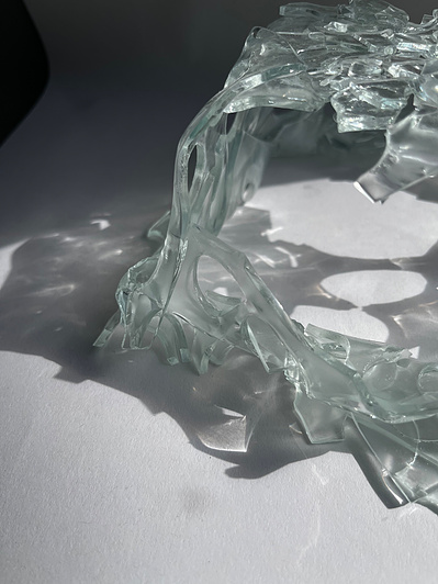 7.2 | 3mm float glass, bulleyes paper, plaster, block, drilling machine, grinder, kiln, hammer, tracing paper, pencil, pen | glass craft sculpture | kiln forming glass | slumping glass | constructivism | Feb 2023