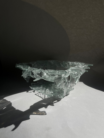 7.2 | 3mm float glass, bulleyes paper, plaster, block, drilling machine, grinder, kiln, hammer, tracing paper, pencil, pen | glass craft sculpture | kiln forming glass | slumping glass | constructivism | Feb 2023